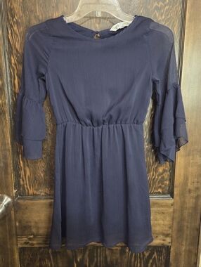 H&M Navy Blue Girls Chiffon Ruffle Flounced Sleeve Mini Dress